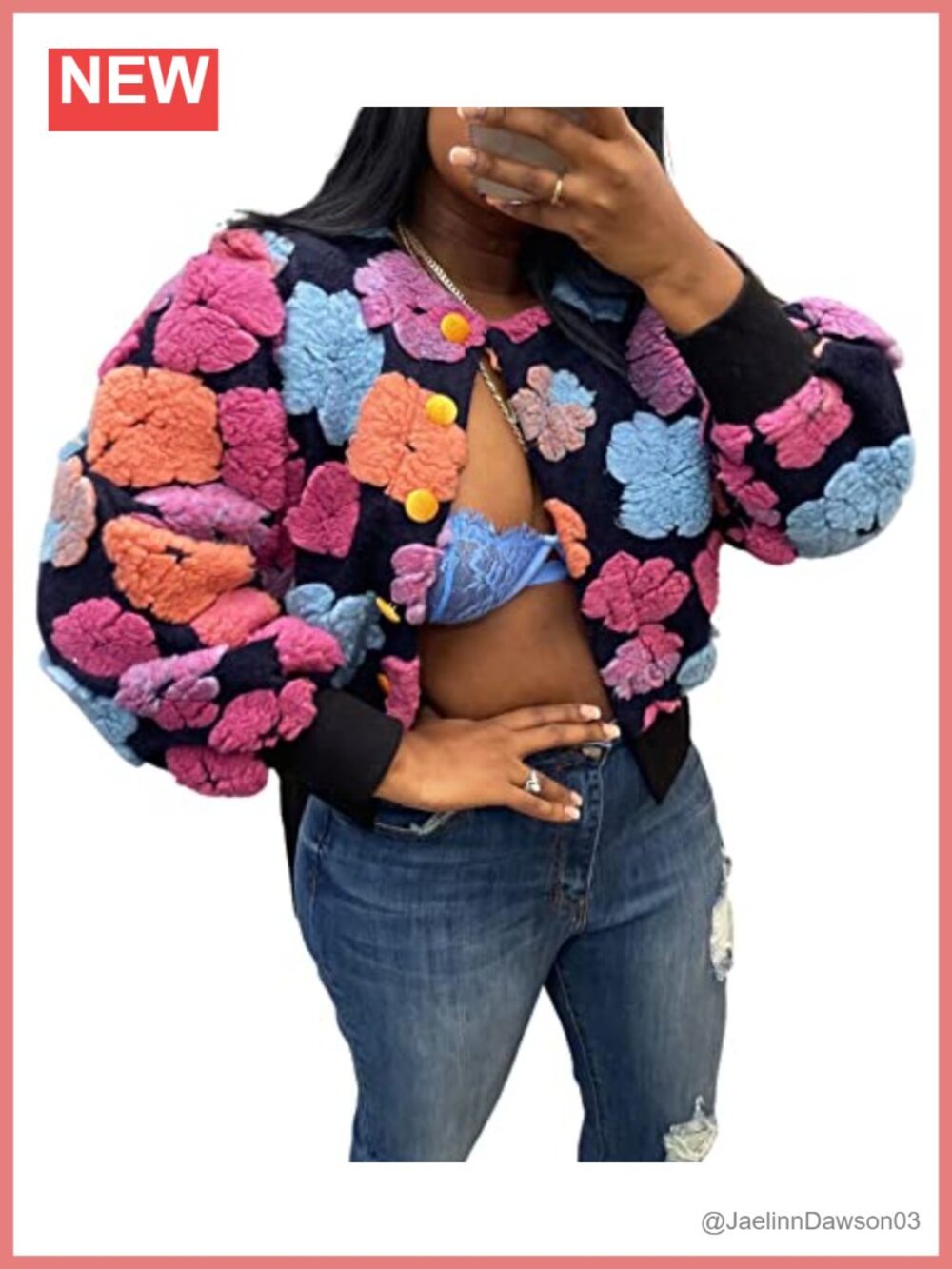 Cropped Bomber Jacket Button Down Floral Varsity Streetwear Fleece Coat